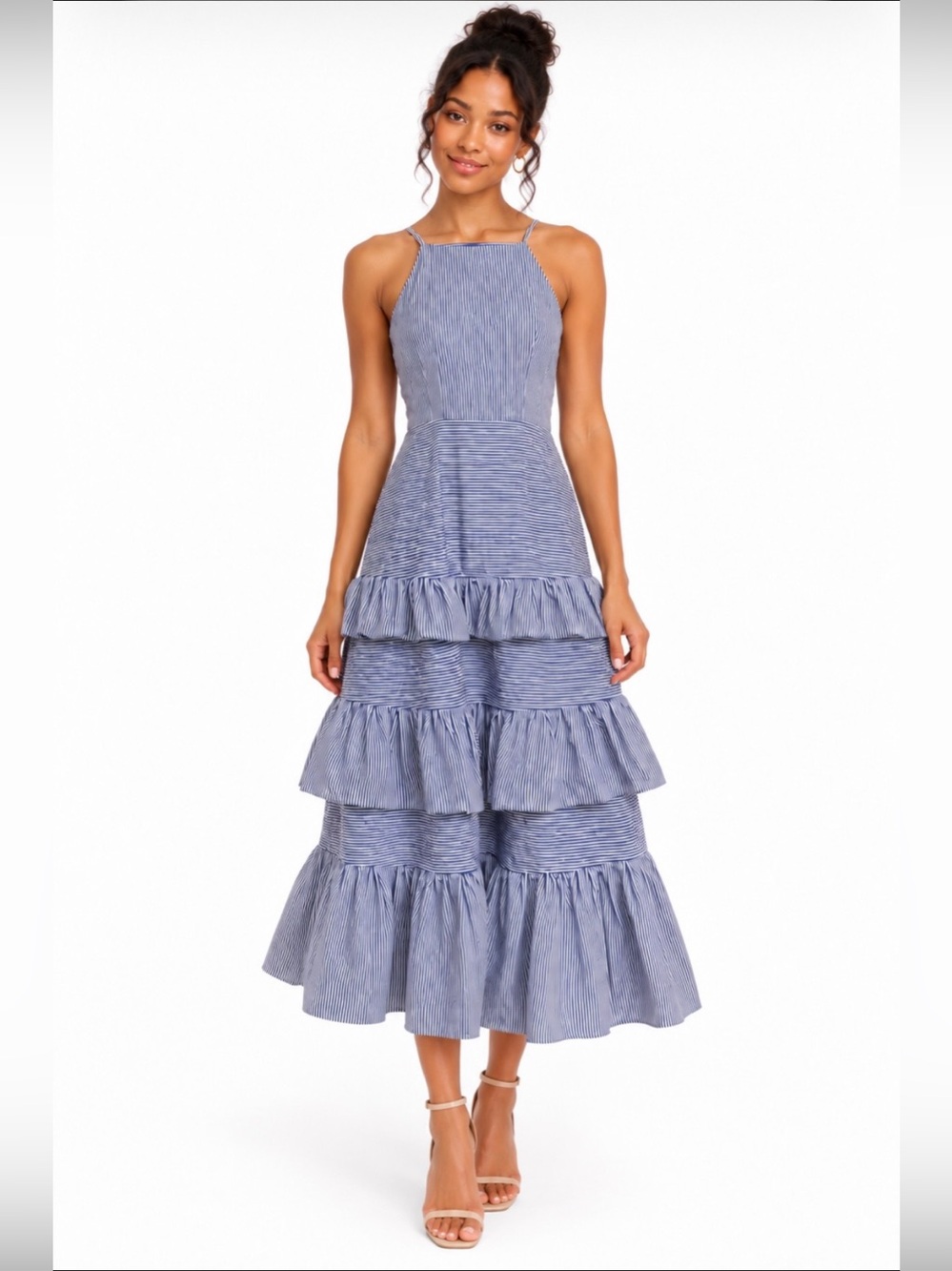 Just Me Blue Striped Tiered Ruffle Halter Midi Dress